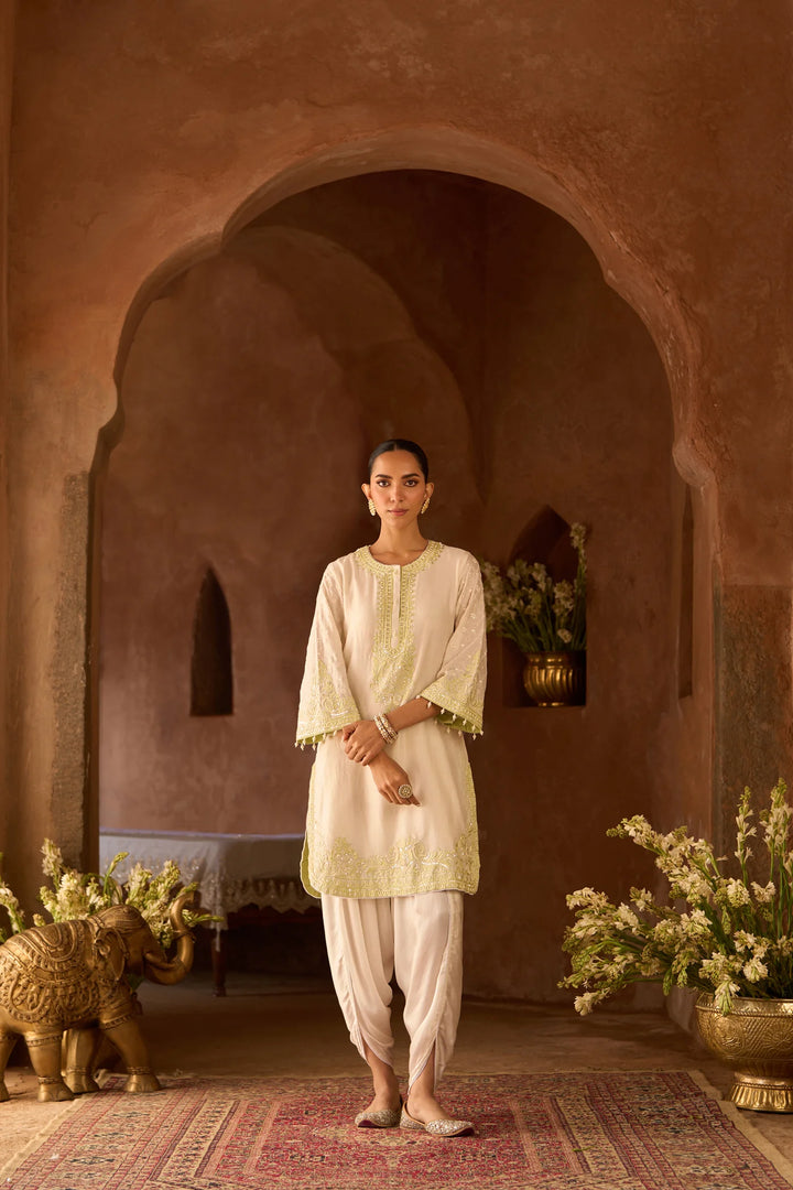 Ruhi - Daisy Ivory With Mint Green Short Kurta And Dhoti