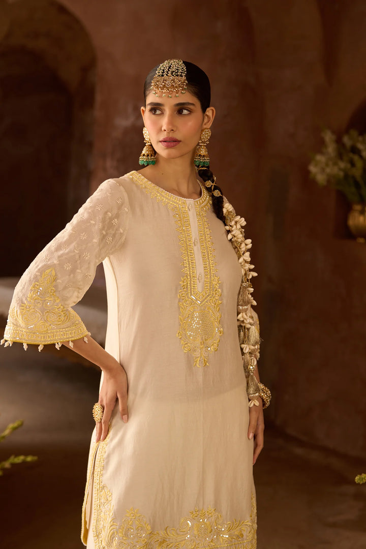 Ruhi - Daisy Ivory With Lemon Yellow Short Kurta And Dhoti