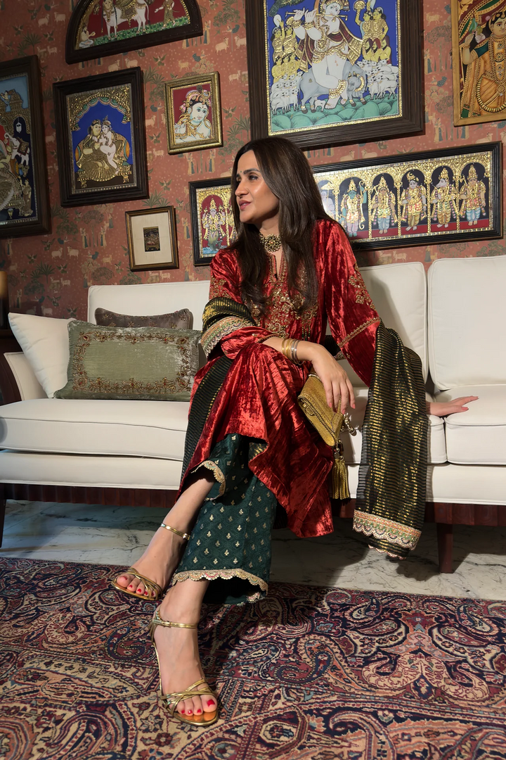 Rust Velvet Kurta Set with Hand-Embroidered Yoke & Beaded Tassels