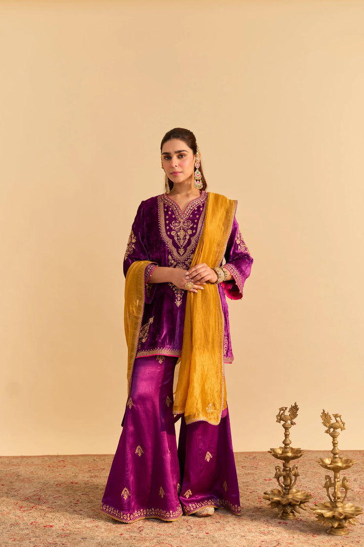 Nooren - velvet Deep Purple Kurta with Flared Palazzo and Dupatta