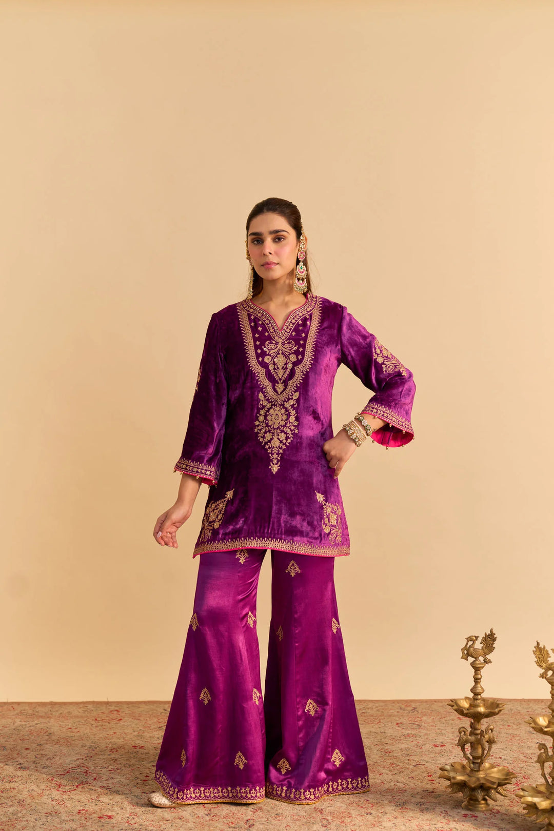 Nooren - velvet Deep Purple Kurta with Flared Palazzo and Dupatta