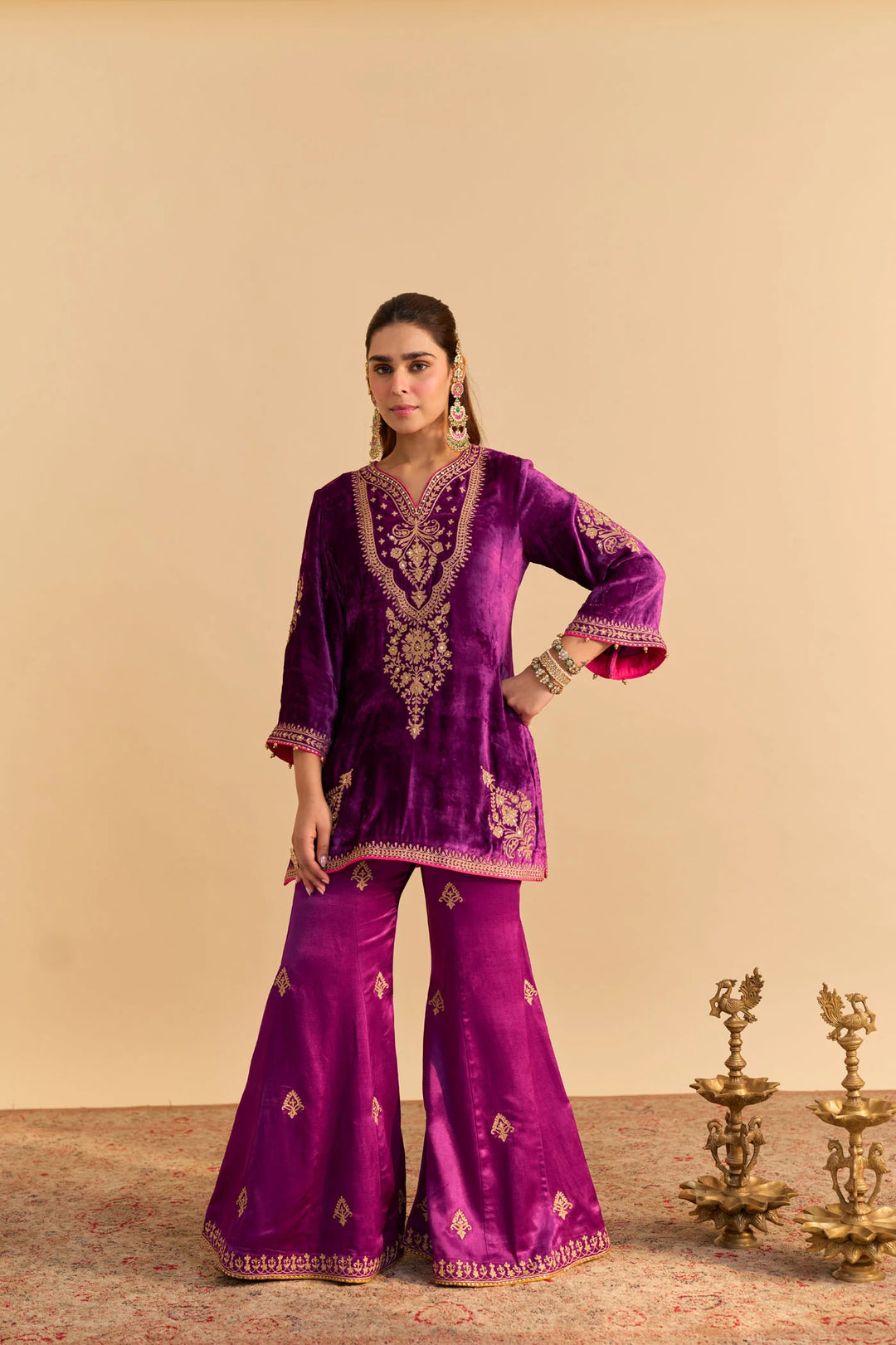 Nooren - velvet Deep Purple Kurta with Flared Palazzo and Dupatta