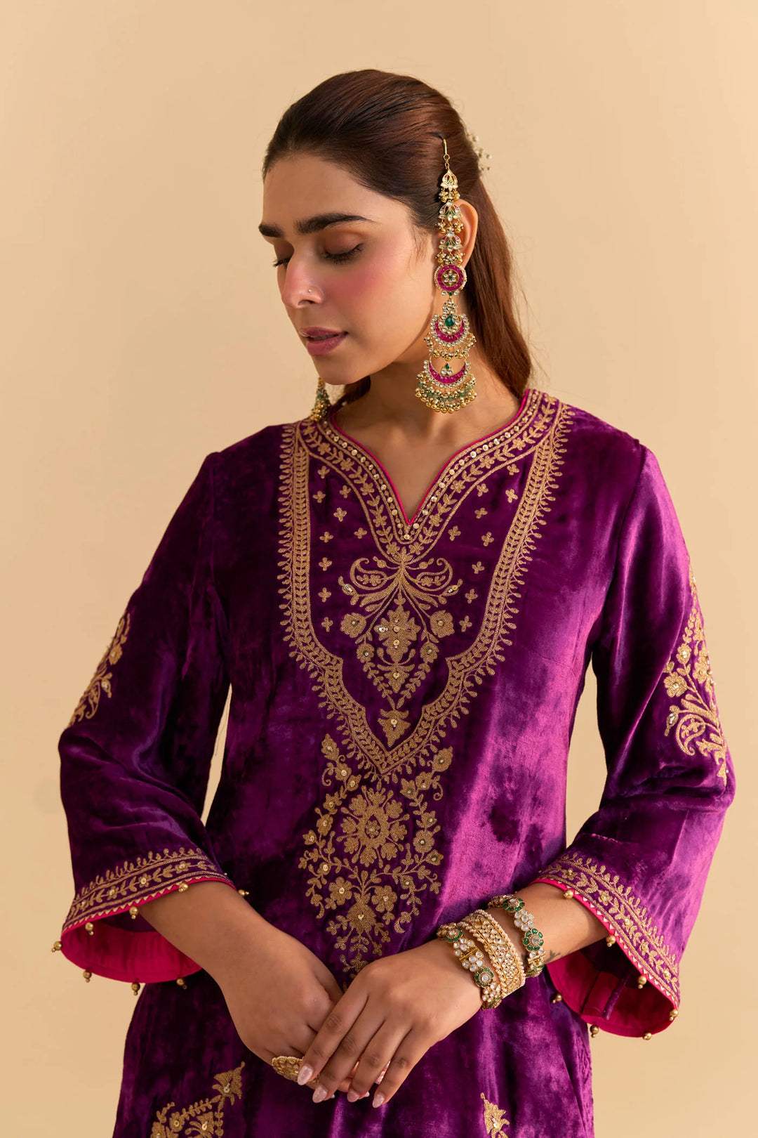 Nooren - velvet Deep Purple Kurta with Flared Palazzo and Dupatta