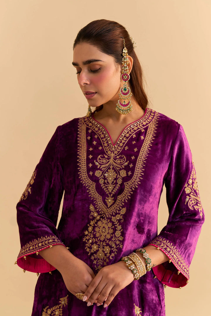 Nooren - velvet Deep Purple Kurta with Flared Palazzo and Dupatta