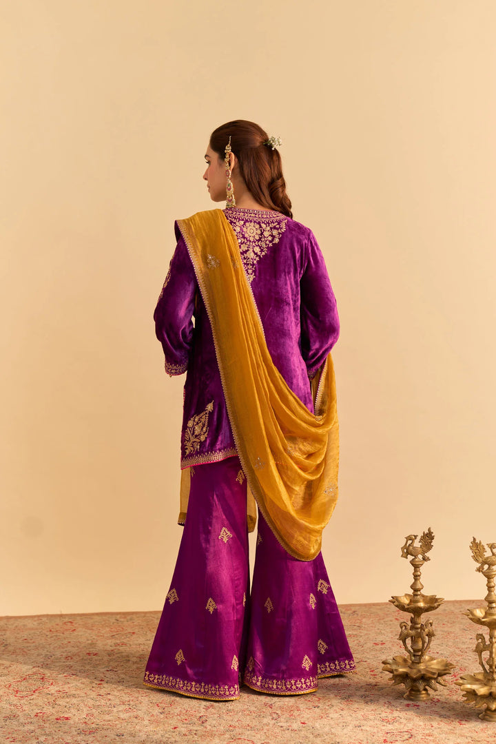 Nooren - velvet Deep Purple Kurta with Flared Palazzo and Dupatta
