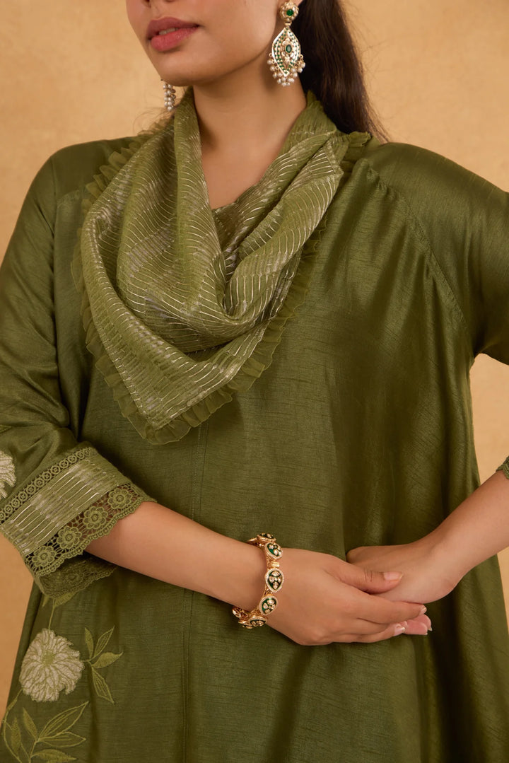 Silk Asymmetric Side Embroidered Cowl Tunic Set in Forest Green