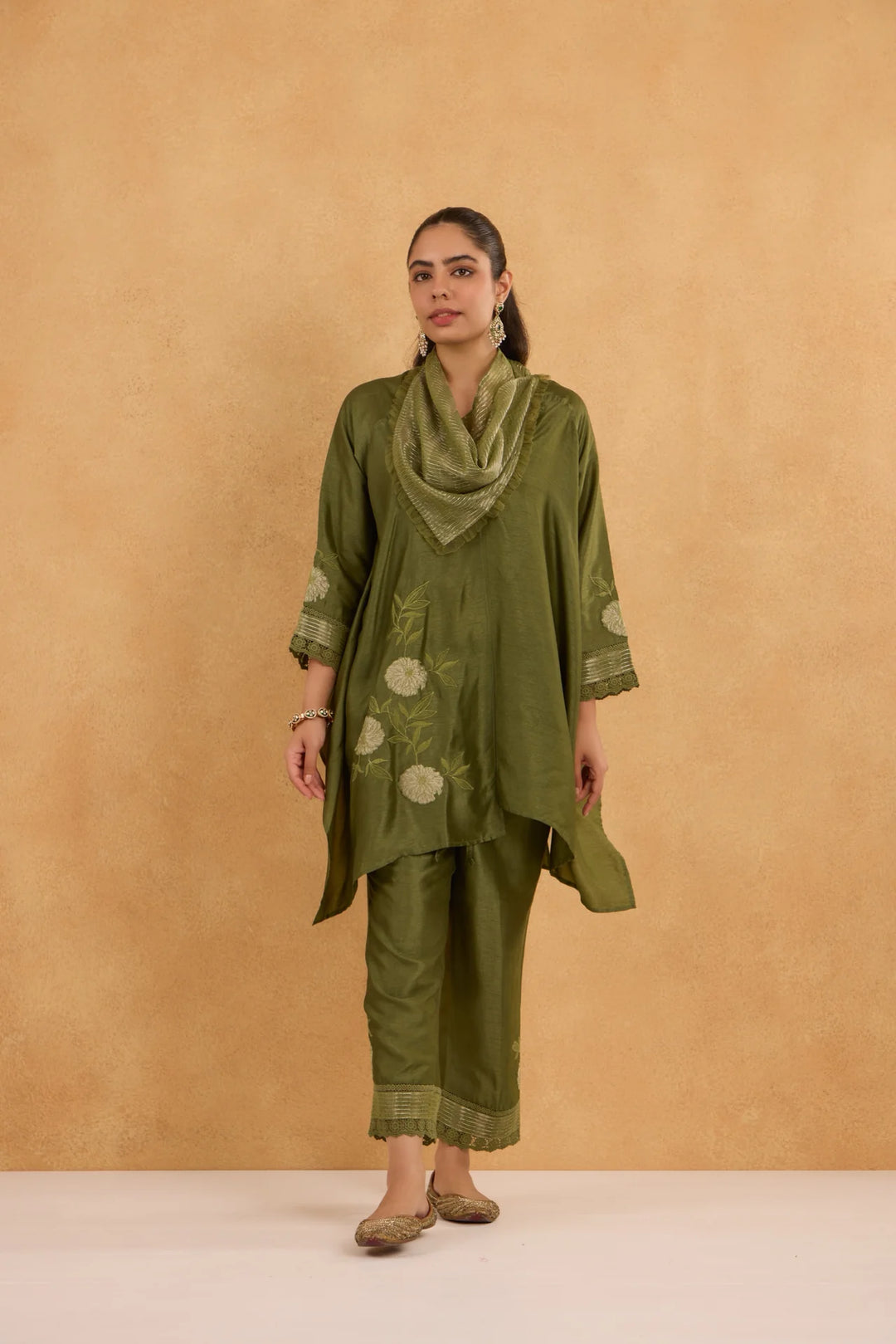 Silk Asymmetric Side Embroidered Cowl Tunic Set in Forest Green