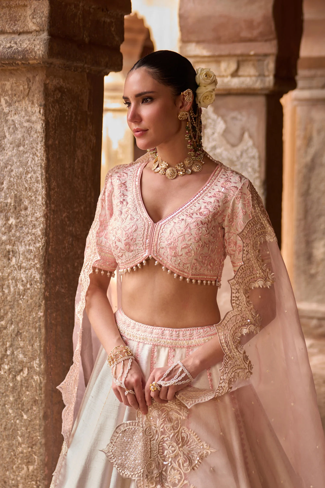 Sayeeda - Daisy Ivory With Pink Embroidered Lehenga