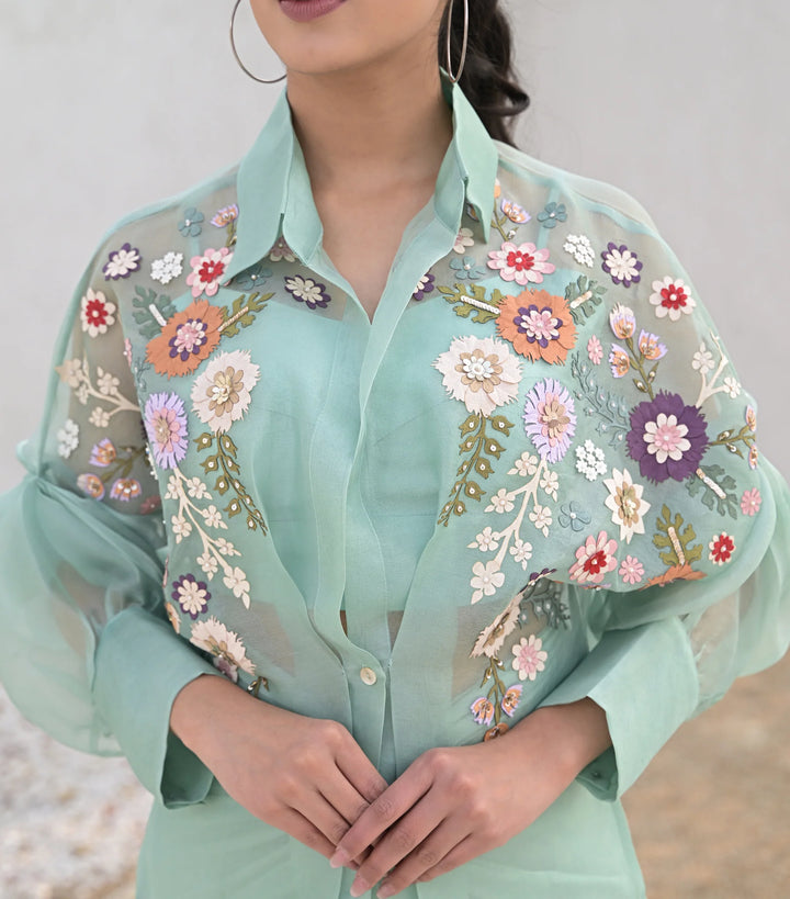 Sea blue Florium Shirt with Knot Skirt Set