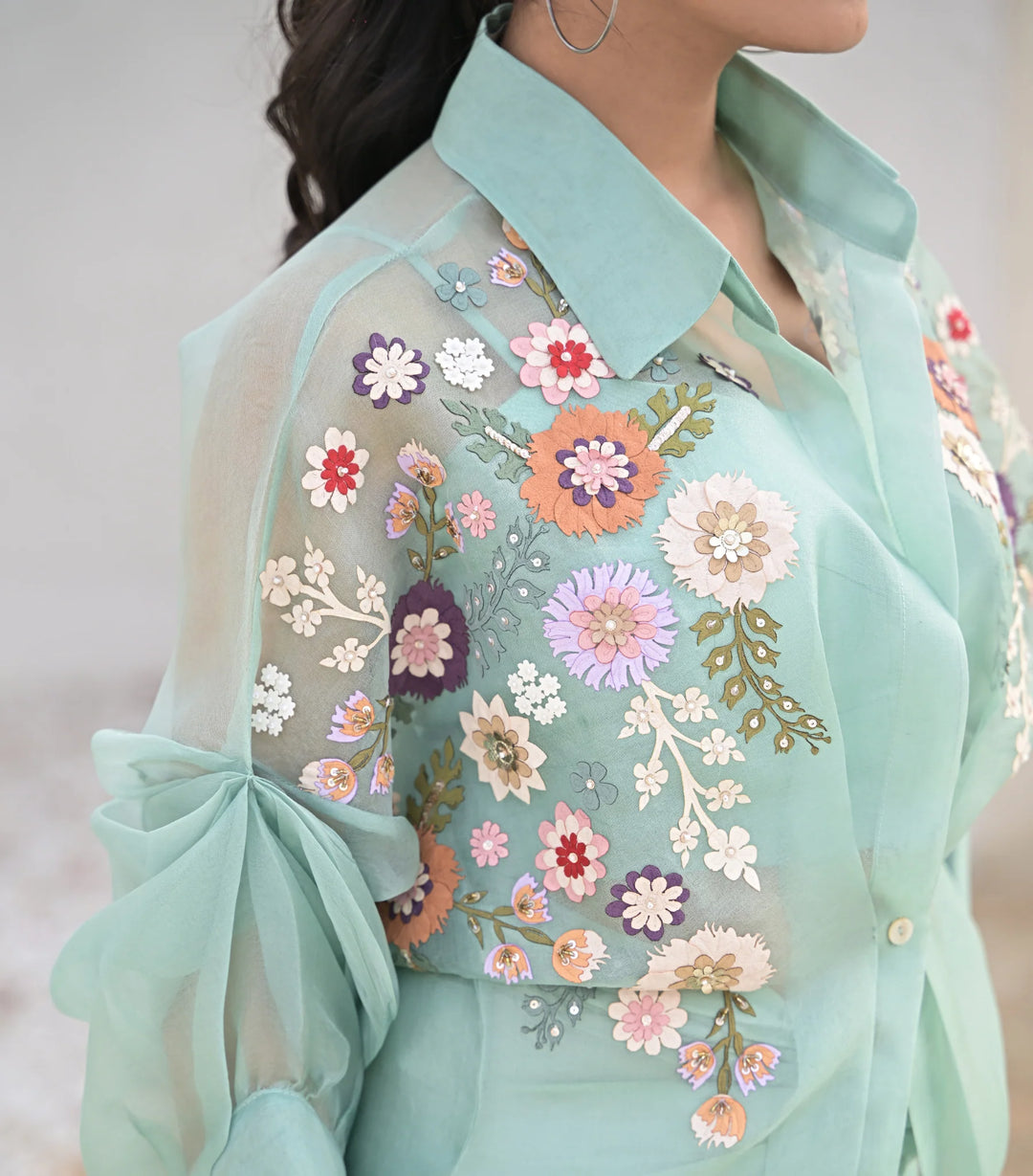 Sea blue Florium Shirt with Knot Skirt Set