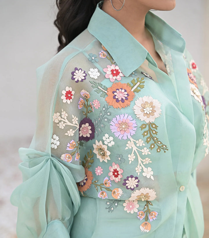 Sea blue Florium Shirt with Knot Skirt Set