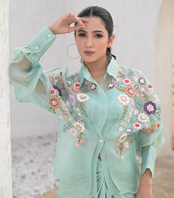 Sea blue Florium Shirt with Knot Skirt Set