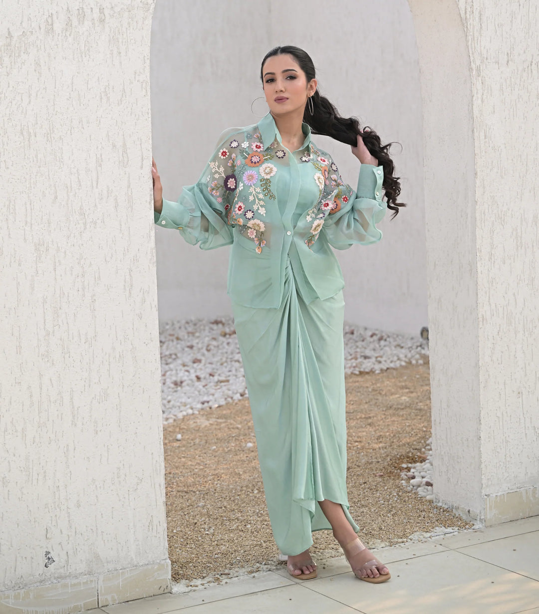 Sea blue Florium Shirt with Knot Skirt Set