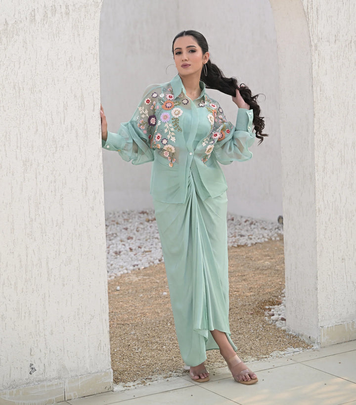 Sea blue Florium Shirt with Knot Skirt Set