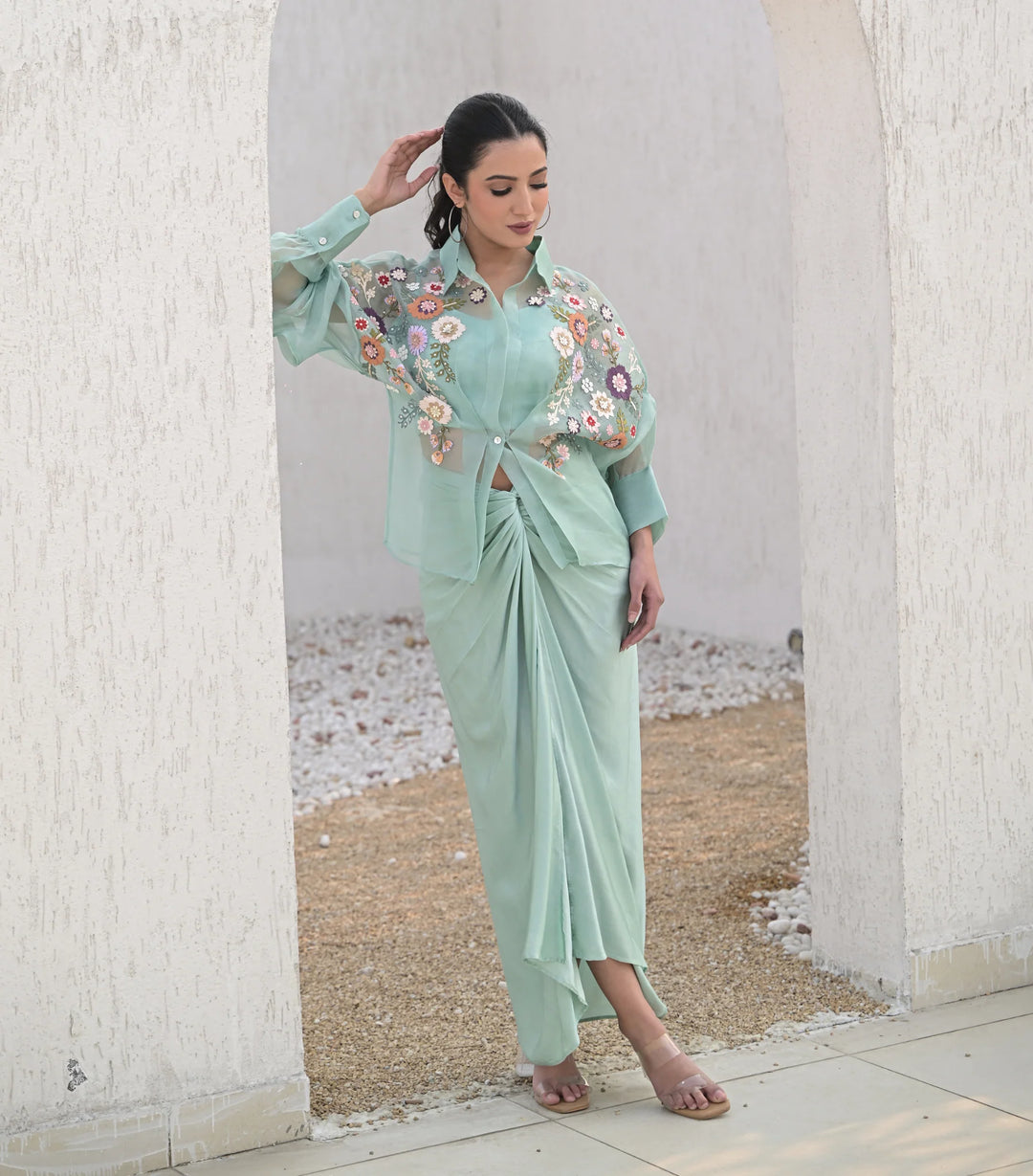 Sea blue Florium Shirt with Knot Skirt Set