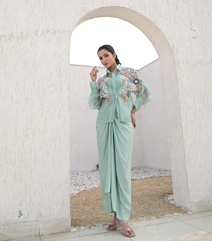 Sea blue Florium Shirt with Knot Skirt Set