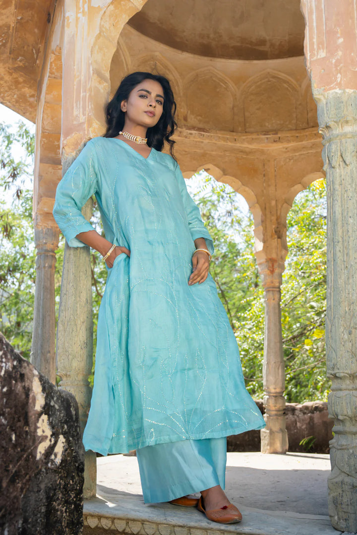 Sky Blue Sequins A-line Kurta Set