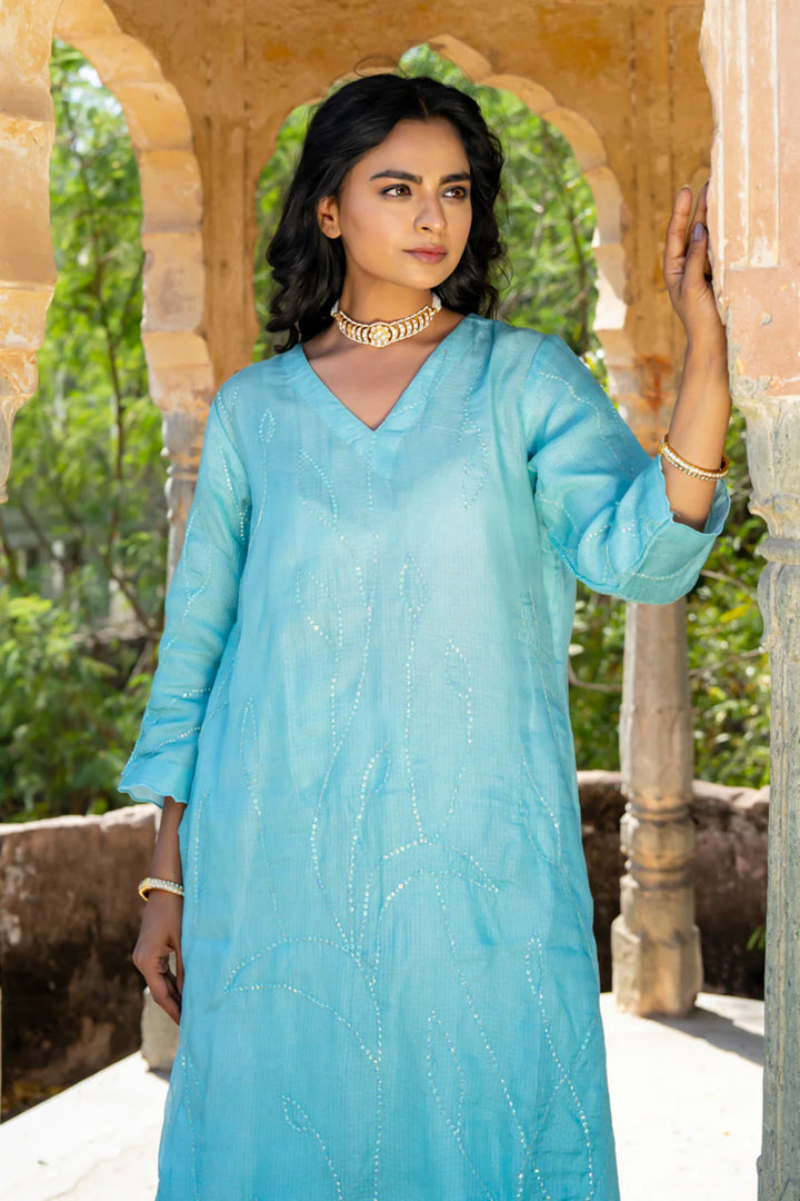 Sky Blue Sequins A-line Kurta Set