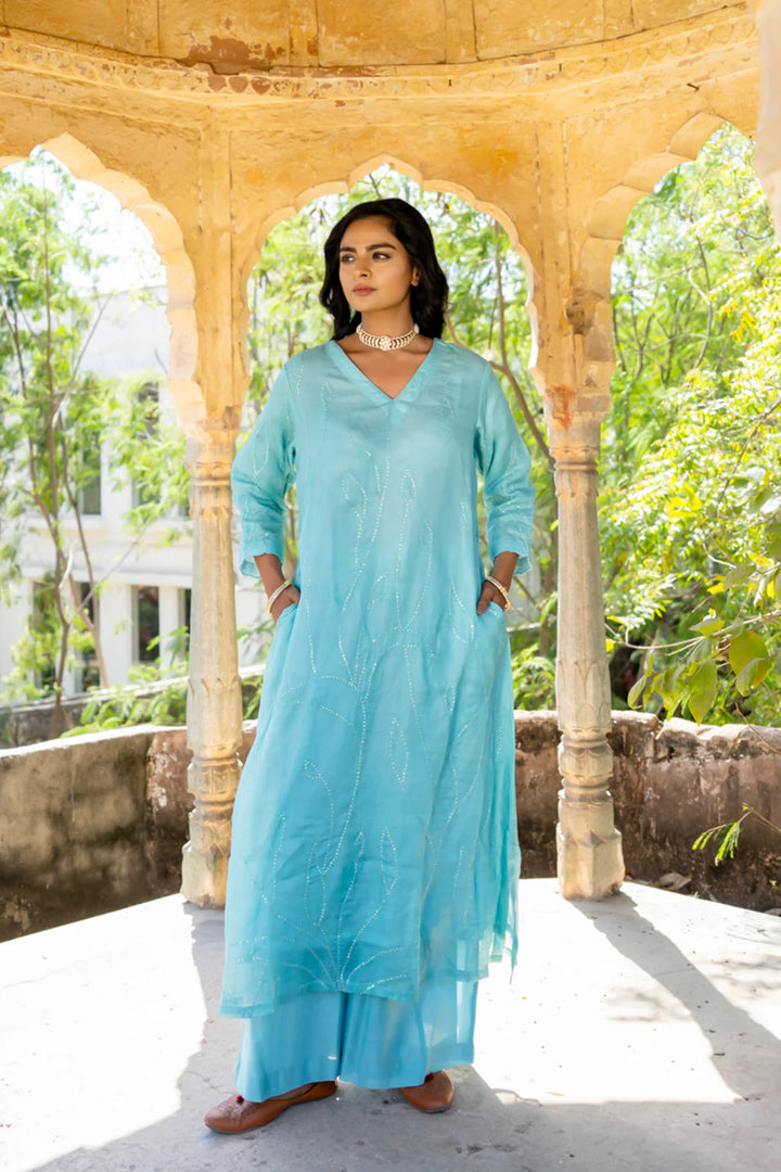 Sky Blue Sequins A-line Kurta Set