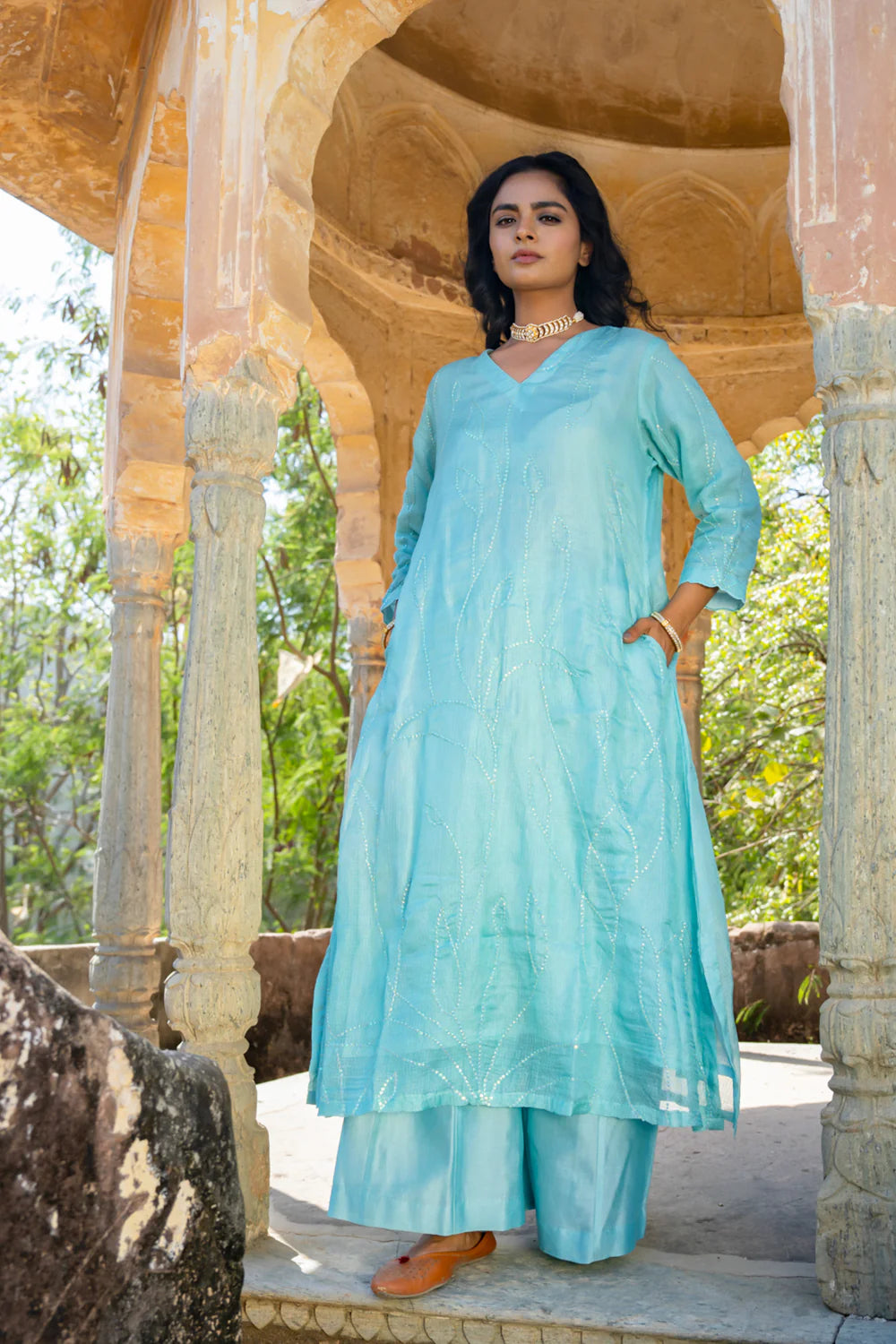 Sky Blue Sequins A-line Kurta Set