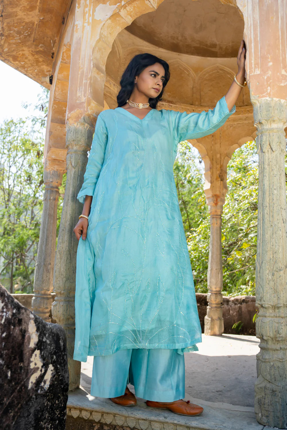 Sky Blue Sequins A-line Kurta Set