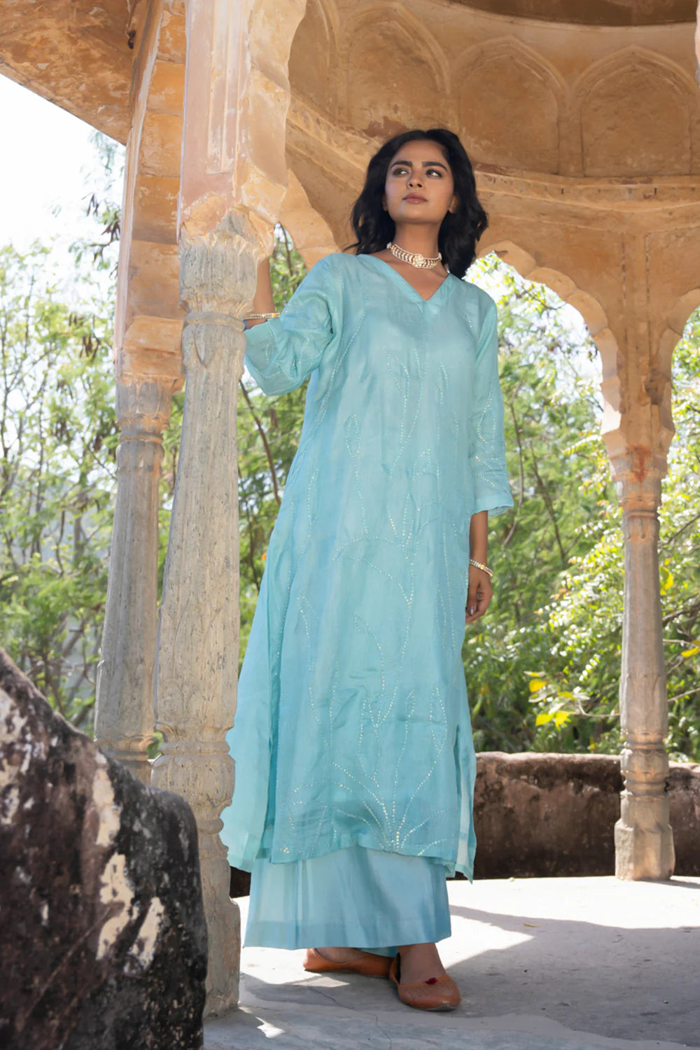 Sky Blue Sequins A-line Kurta Set