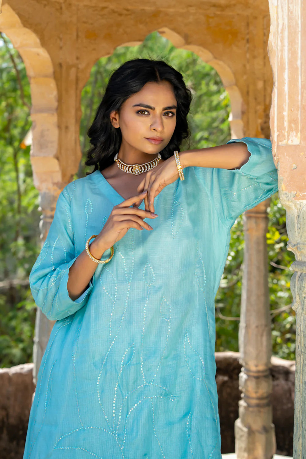 Sky Blue Sequins A-line Kurta Set