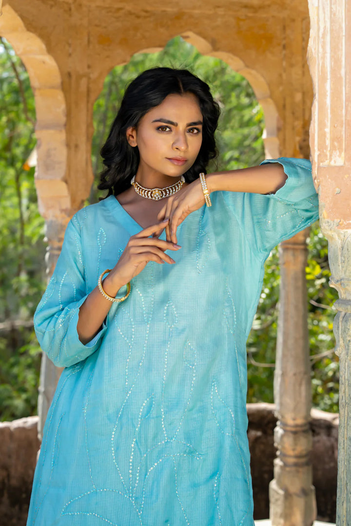 Sky Blue Sequins A-line Kurta Set