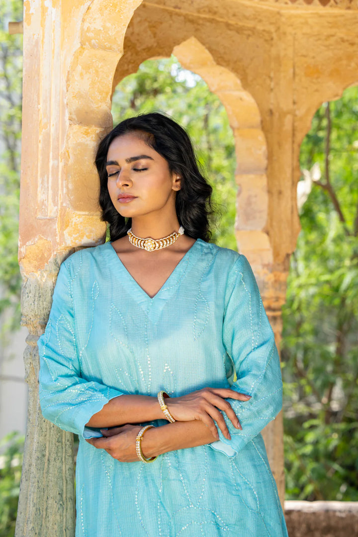 Sky Blue Sequins A-line Kurta Set