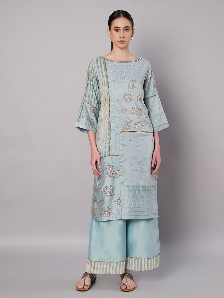 Spring Collage Kurta Set - Ice Blue