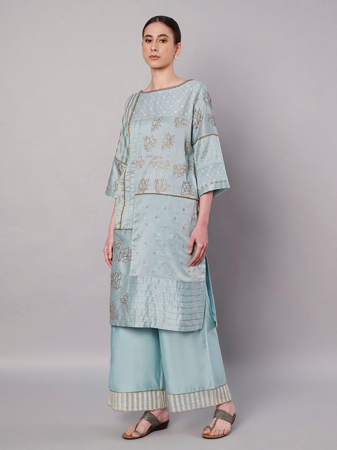 Spring Collage Kurta Set - Ice Blue