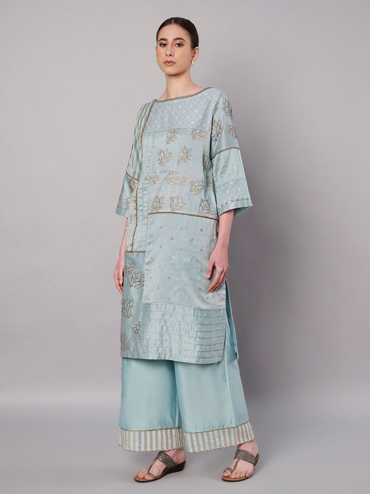 Spring Collage Kurta Set - Ice Blue