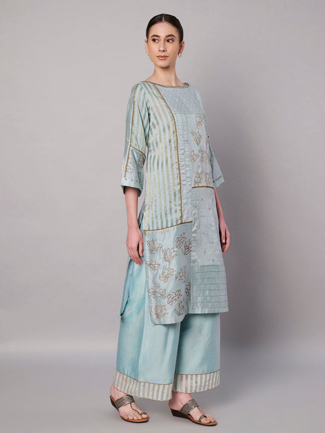 Spring Collage Kurta Set - Ice Blue