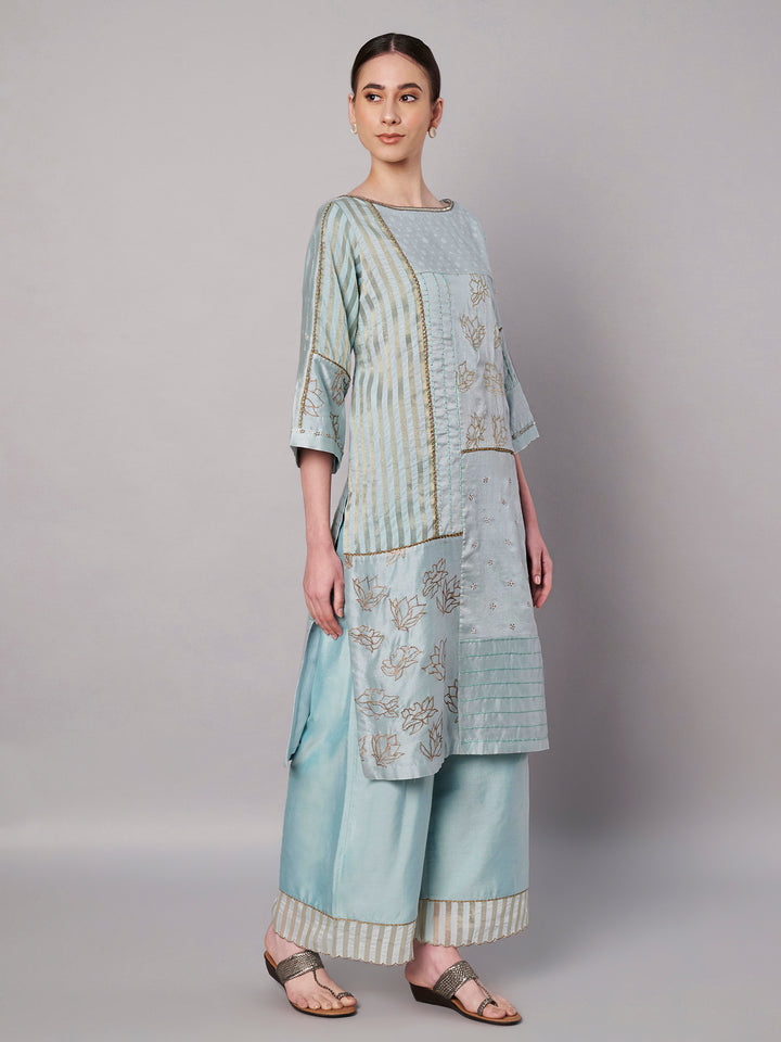 Spring Collage Kurta Set - Ice Blue