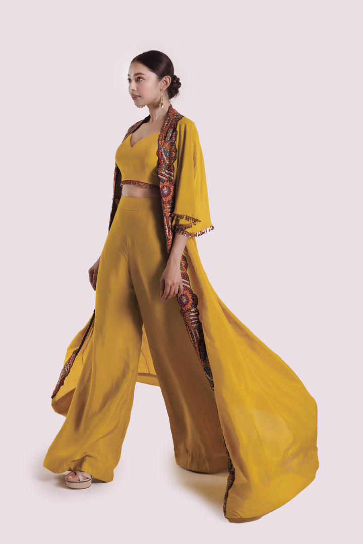 Silk co-ord set with thread embroidered longline jacket