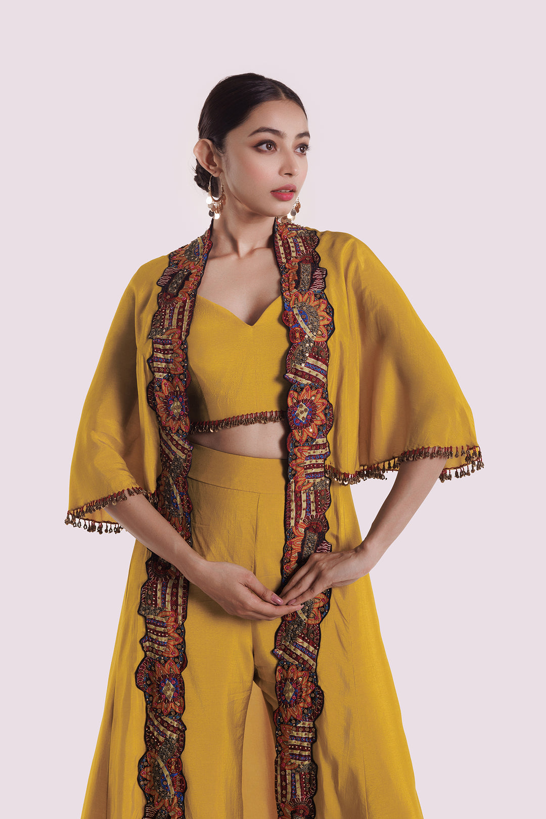 Silk co-ord set with thread embroidered longline jacket