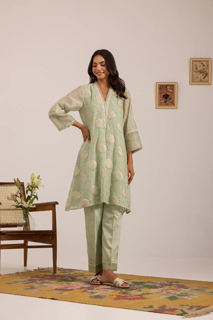 Sea Green Tissue Patch Floral Embroidered Chanderi Kurta Set