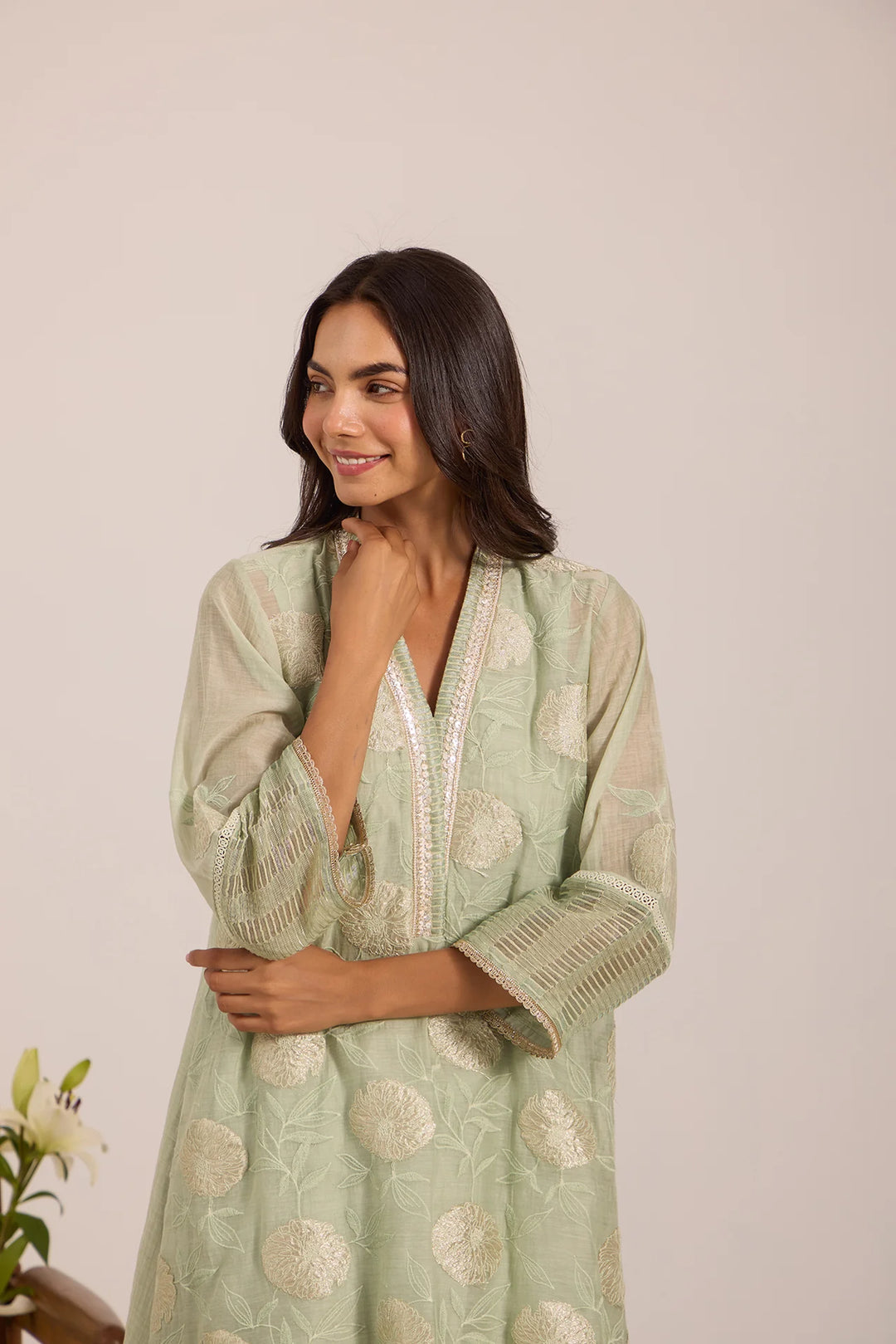 Sea Green Tissue Patch Floral Embroidered Chanderi Kurta Set