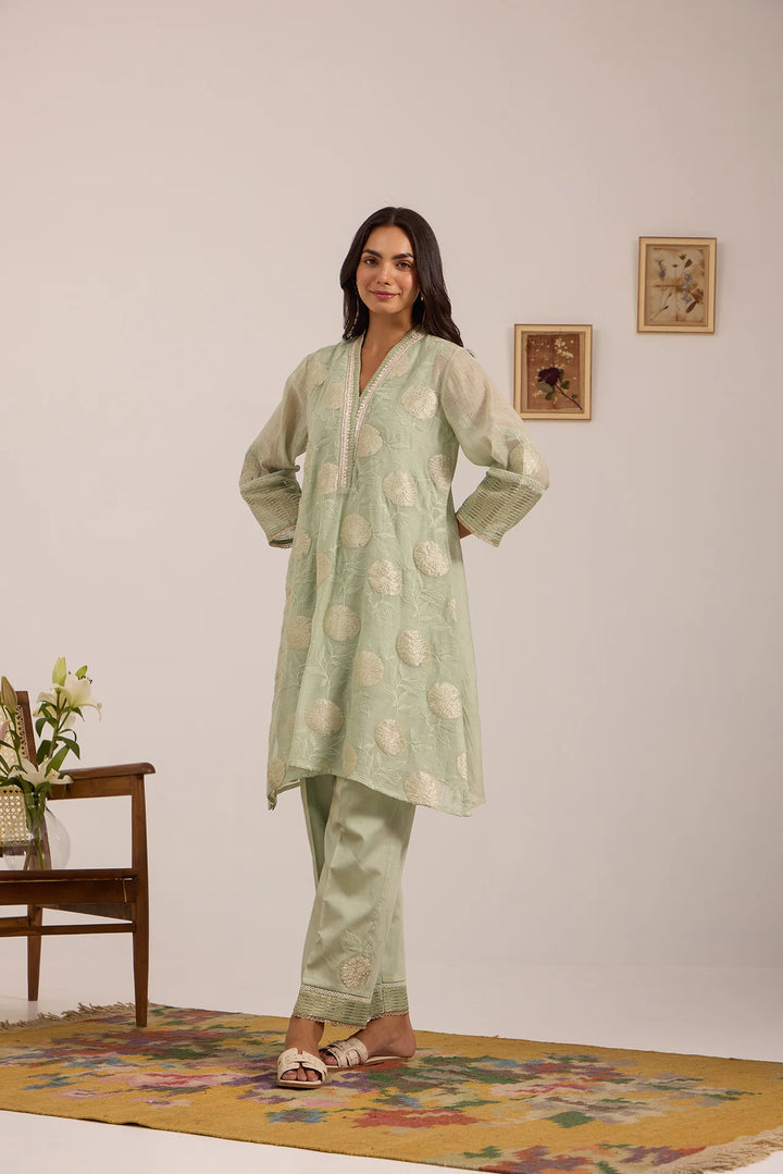 Sea Green Tissue Patch Floral Embroidered Chanderi Kurta Set