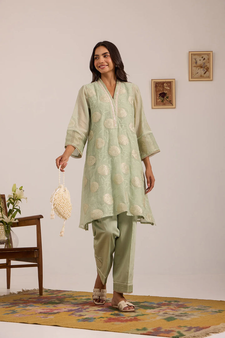 Sea Green Tissue Patch Floral Embroidered Chanderi Kurta Set