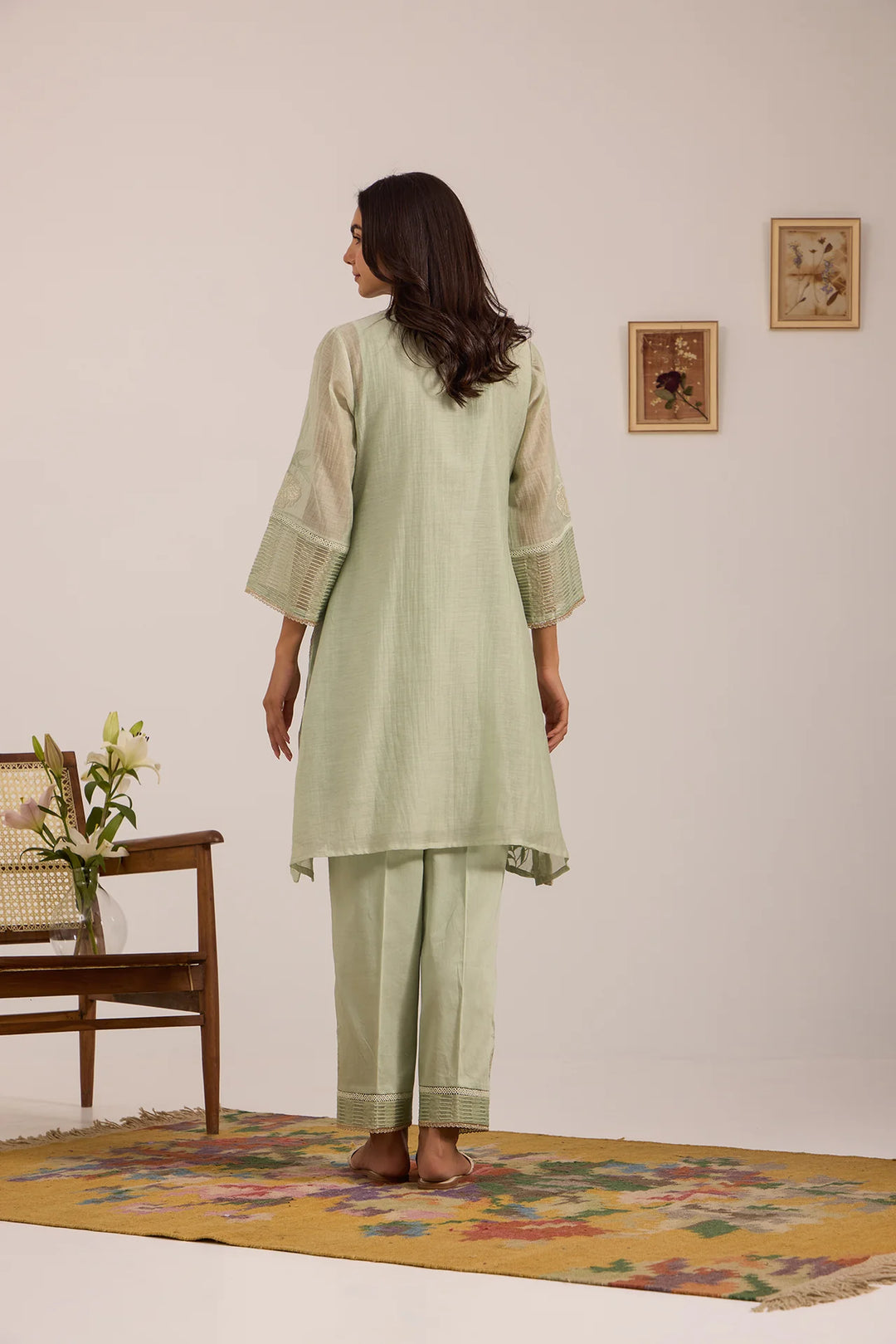 Sea Green Tissue Patch Floral Embroidered Chanderi Kurta Set