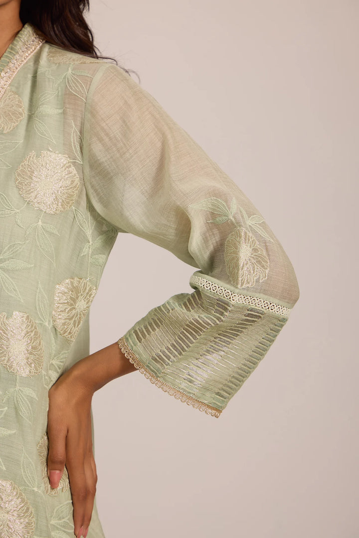 Sea Green Tissue Patch Floral Embroidered Chanderi Kurta Set