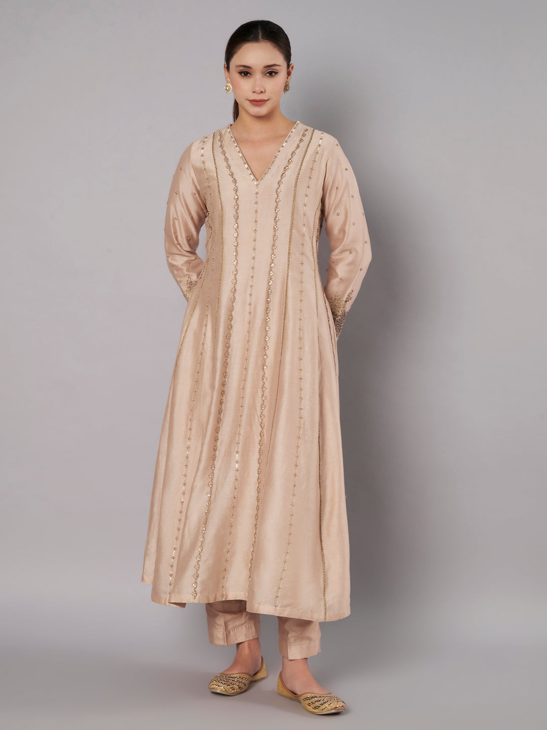 Spring Halo Anarkali Set - Champagne