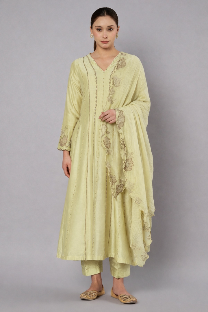 Spring Halo Anarkali Set - Soft Lime