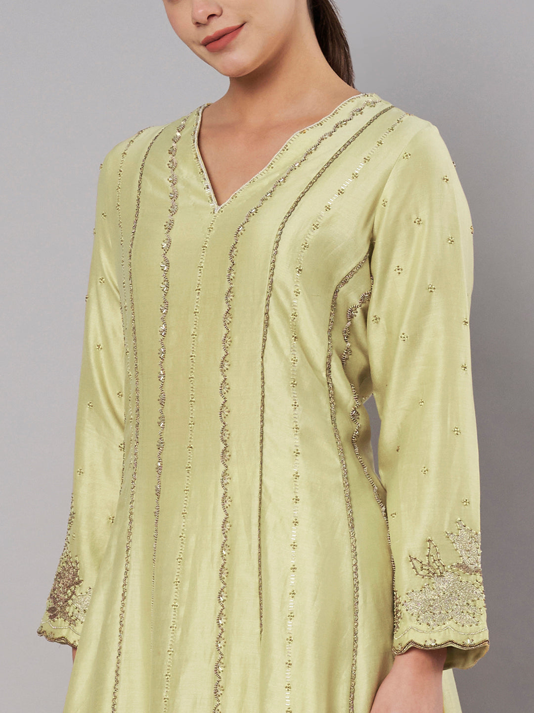 Spring Halo Anarkali Set - Soft Lime