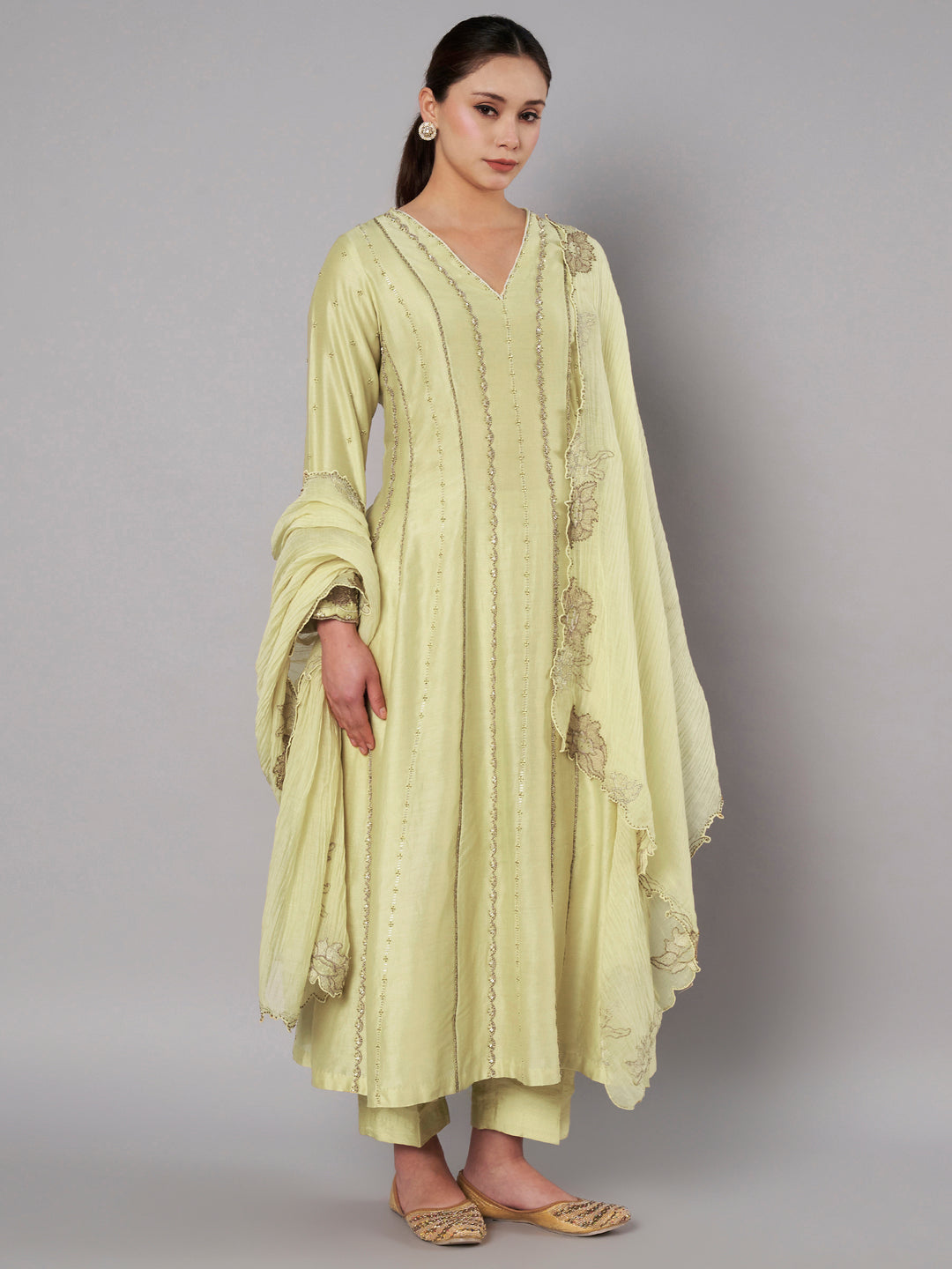 Spring Halo Anarkali Set - Soft Lime