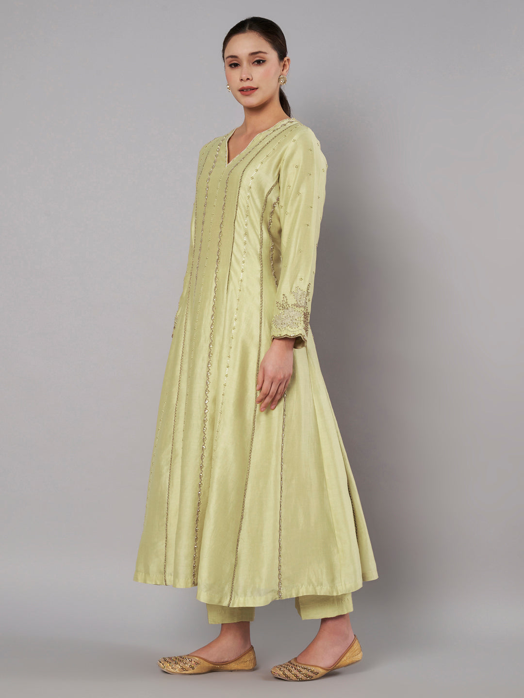 Spring Halo Anarkali Set - Soft Lime