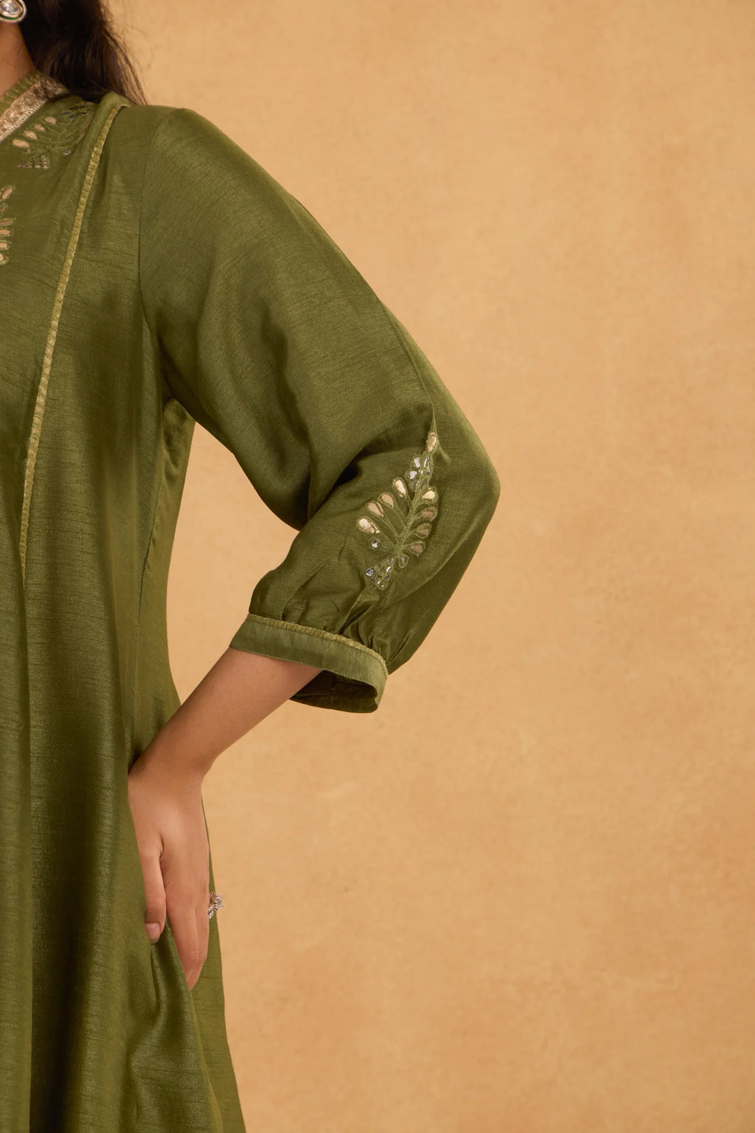 Silk High-Low Kurta with V Neck and Tissue Pants in Forest Green