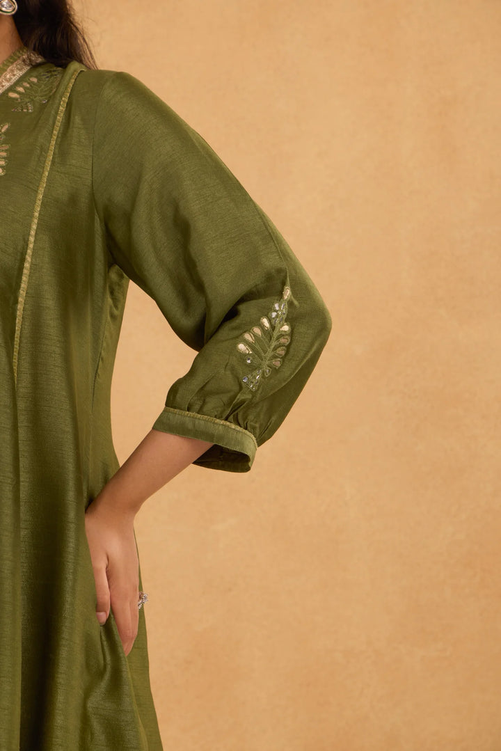 Silk High-Low Kurta with V Neck and Tissue Pants in Forest Green