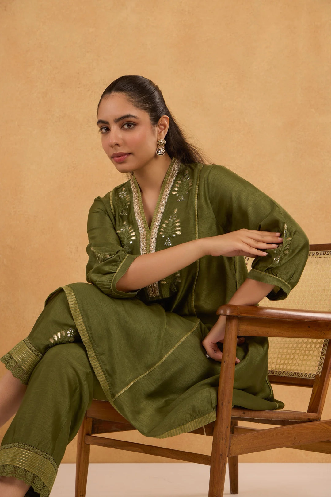 Silk High-Low Kurta with V Neck and Tissue Pants in Forest Green